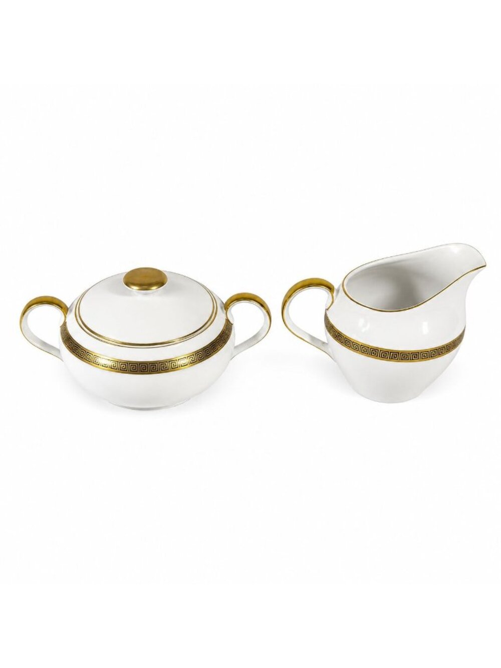 Cream and Sugar Bowl Set Key Largo by Meito Black Greek Key On Gold Band Royal M